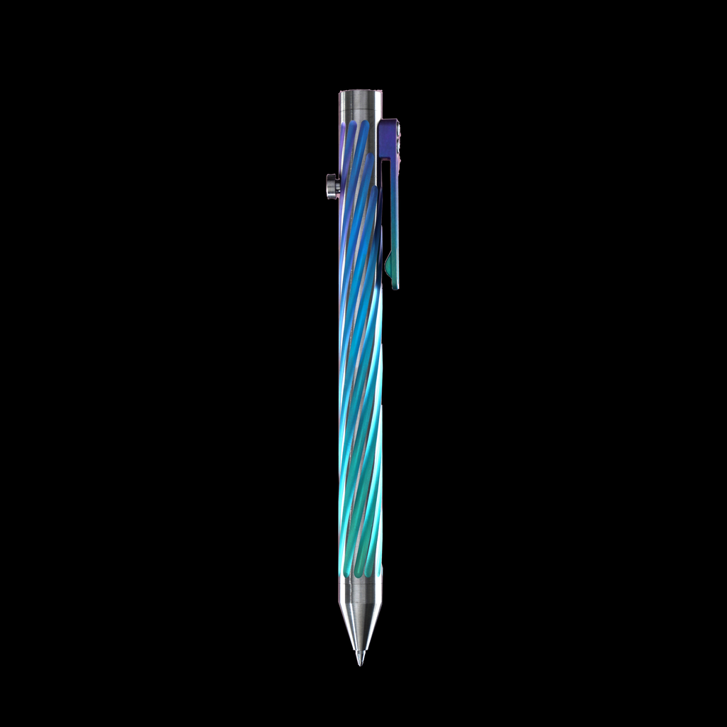 INVENTERY Bolt Action Pen v.03 Twister Ti SE · Baja Blast anodized titanium, rear view