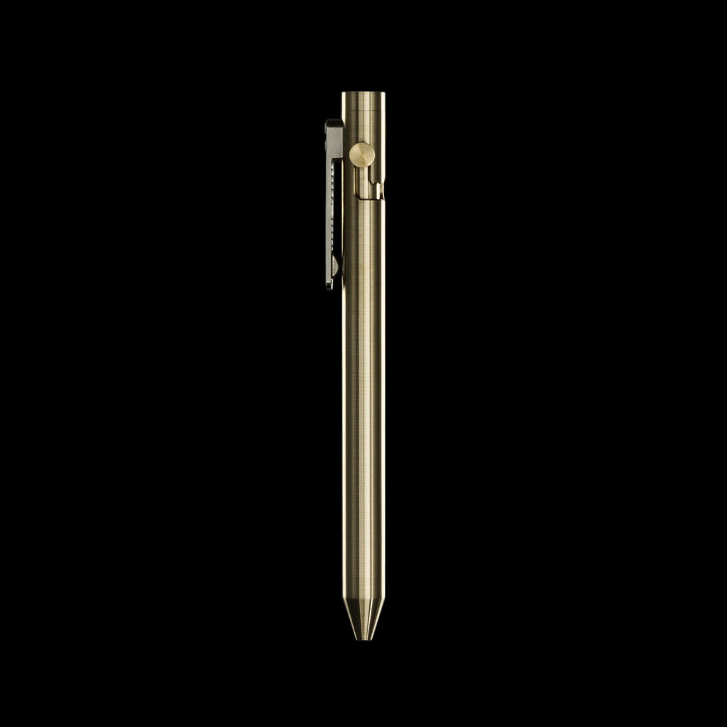 INVENTERY Bolt Action Pen V.03 — machined Brass EDC pen, angled view