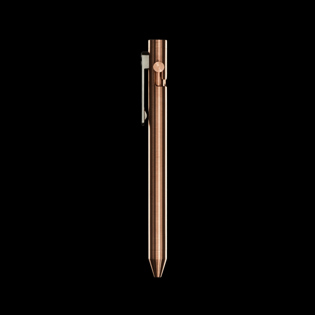 INVENTERY Bolt Action Pen V.03 — machined Copper EDC pen, angled view