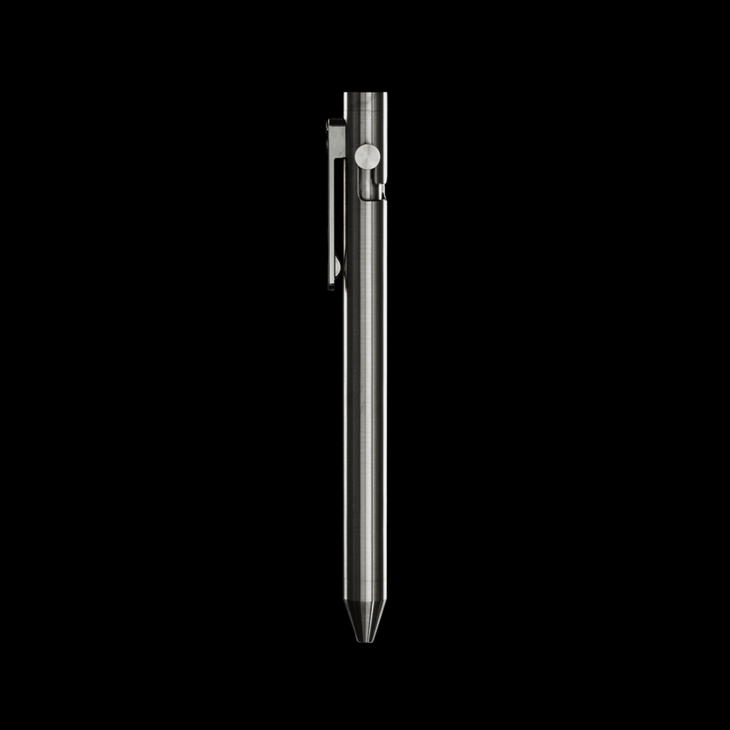 INVENTERY Bolt Action Pen V.03 — machined Titanium EDC pen, angled view
